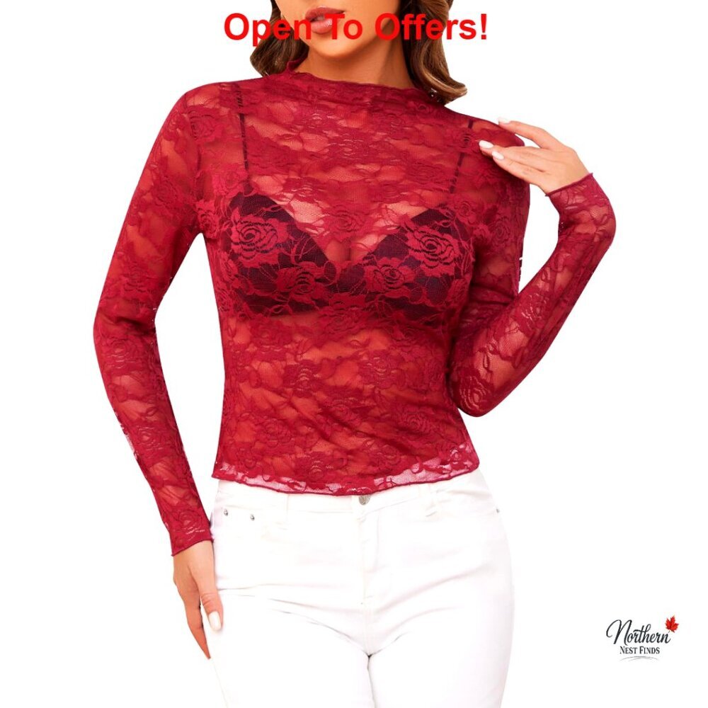 Mesh Floral Lace Long Sleeve Sheer Top Blouse Layering Undershirt